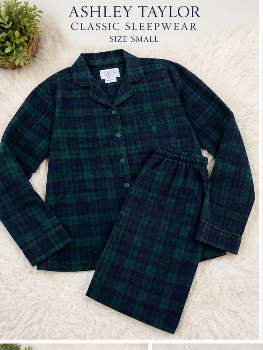 Ashley Taylor Black Watch Plaid 100% Cotton Flannel Pajama Set Small